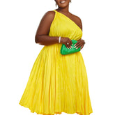 Pleated Off-Shoulder Wide Swing Straps Solid Color